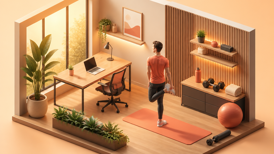 Isometric illustration of someone standing up from their desk at the 60-minute mark, stretching shoulders and looking out a window