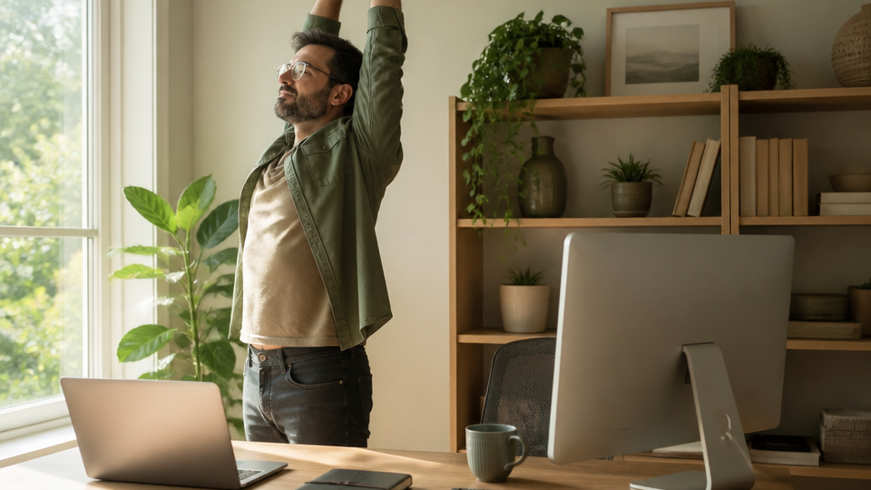 Remote professional stretching beside a home office desk with a laptop, desktop computer, closed planner, and calculator.