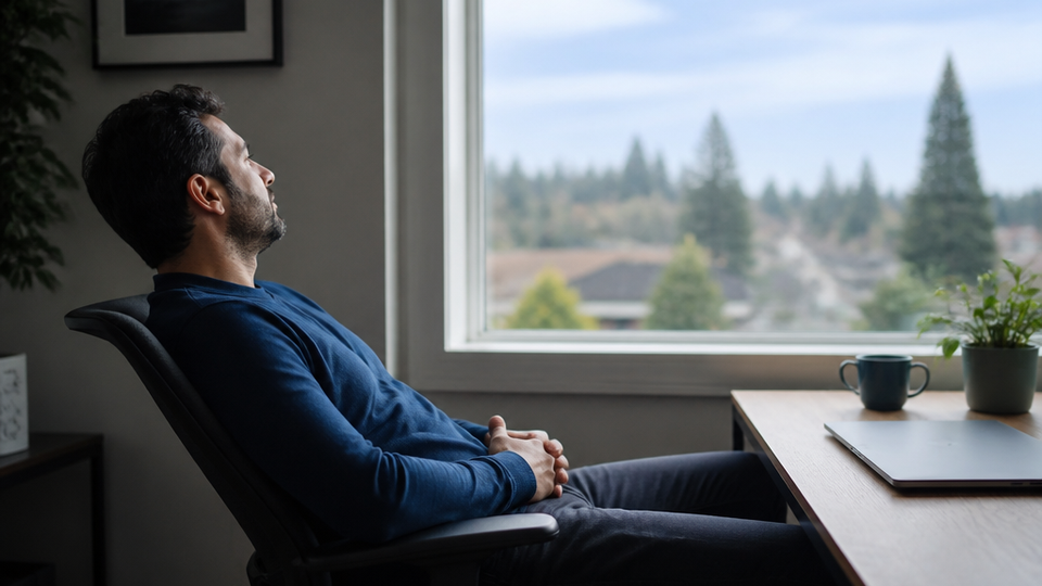 A person leans back from a half closed laptop to gaze out a window at distant trees during a short break.