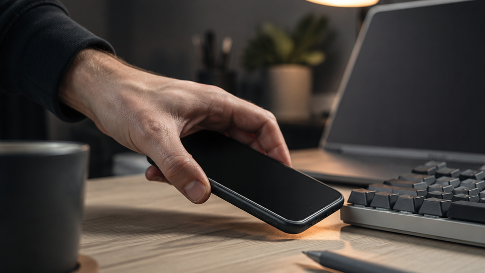 Close-up of a hand lifting a smartphone from a desk next to a keyboard, the phone screen facing away and a laptop turned to hide its display.