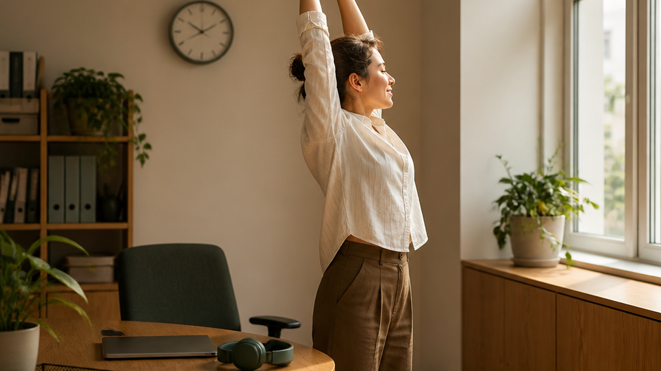 A person standing beside a desk stretching their arms overhead toward a window, with headphones and a closed laptop on the desk and a wall clock behind them.