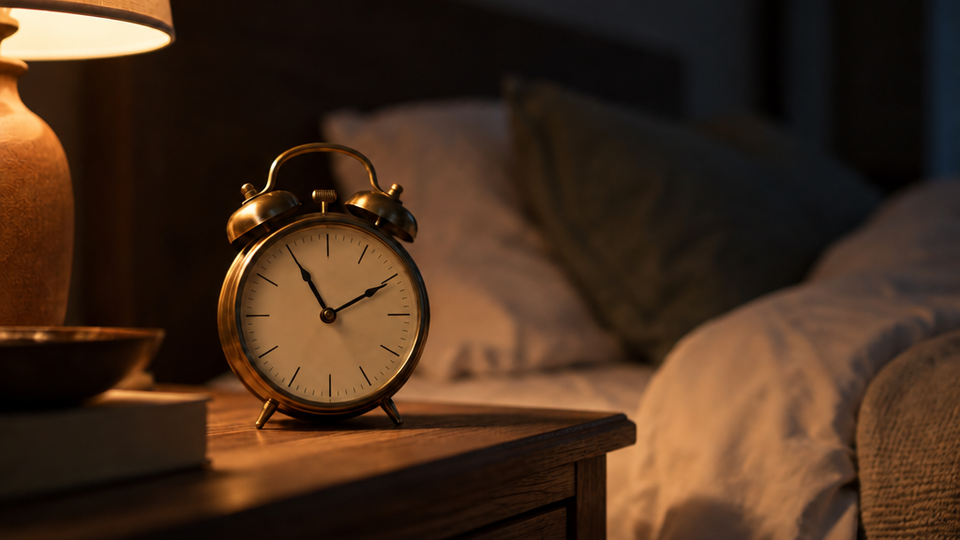A brass analog alarm clock with a moving second hand sits on a wooden nightstand beside a glowing lamp in a dim bedroom.