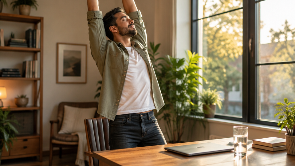 A man rises from his desk chair to stretch with arms overhead, looking toward a bright window, with a closed laptop on the desk.