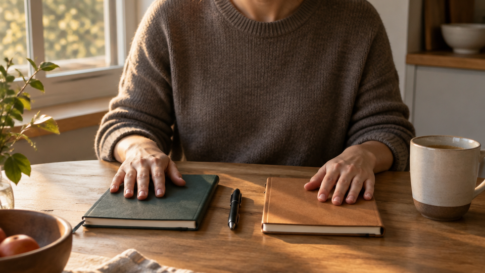 A person at a kitchen table in afternoon light rests one hand on each of two closed notebooks lying side by side, with a pen and a mug nearby.