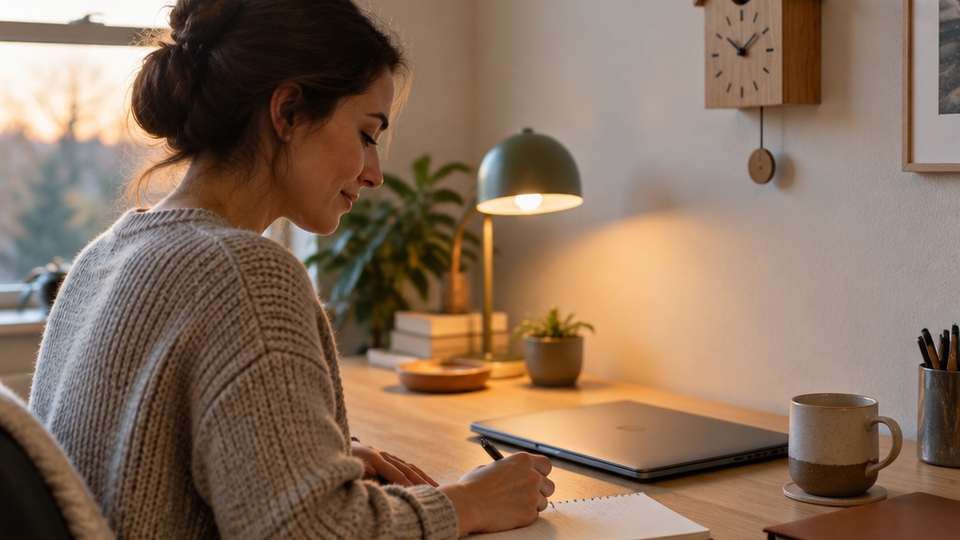 A person at a tidy desk writes in a softly blurred notebook beside a fully closed laptop, with a small wooden cuckoo clock on the wall and a warm lamp glowing.