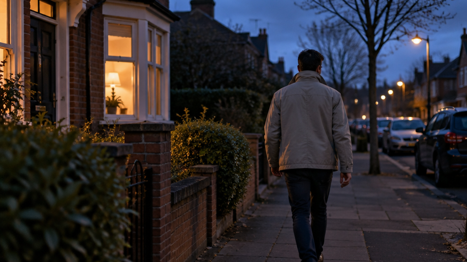 A person in a jacket walks away from a warmly lit brick home down a quiet sidewalk at dusk with empty hands and street lamps just switching on.