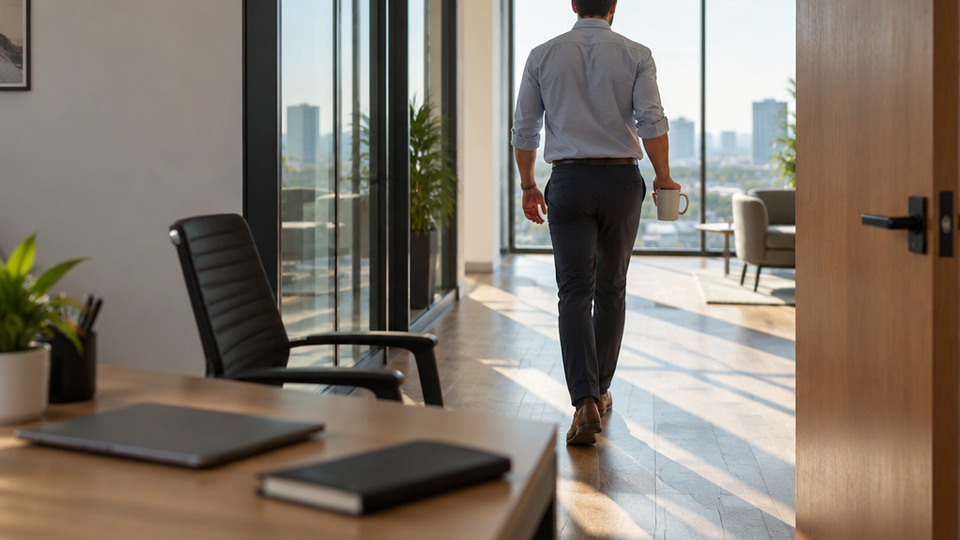Seen from behind, a man walks away from his desk with a coffee mug toward a bright floor-to-ceiling window, his chair pushed back and laptop left closed during a break between meetings.