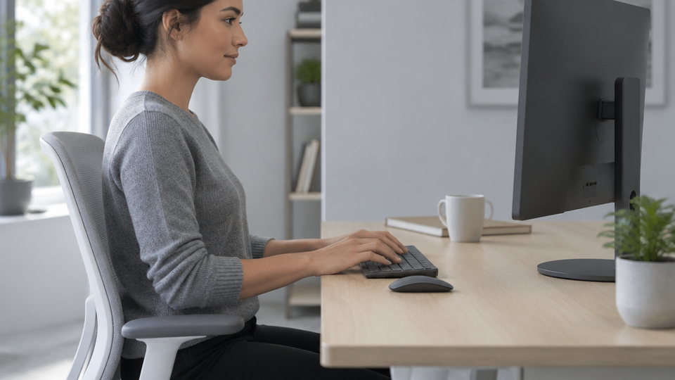 Side view of a woman typing at a low keyboard with straight neutral wrists, forearms parallel to the floor and elbows at her sides, the monitor back facing the camera.