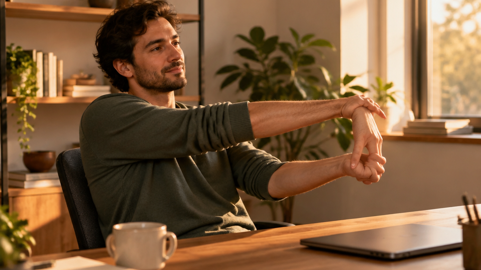 Man seated at his desk extending one arm palm up while his other hand gently pulls the fingers back to stretch the forearm, closed laptop pushed to the side.