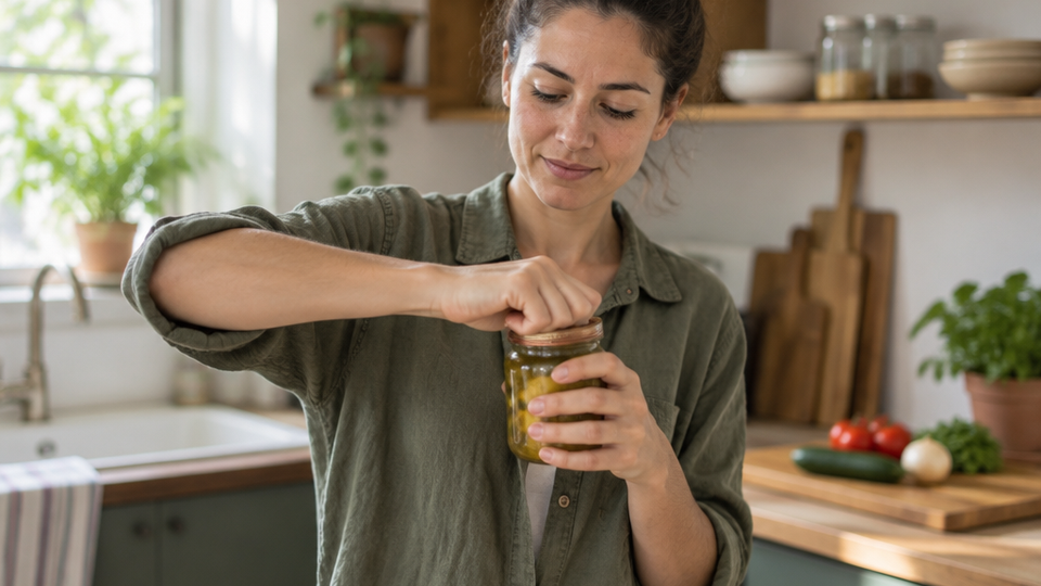 Woman in a kitchen unscrewing a glass jar lid with one hand to test her grip, counter and cutting board softly blurred behind her.