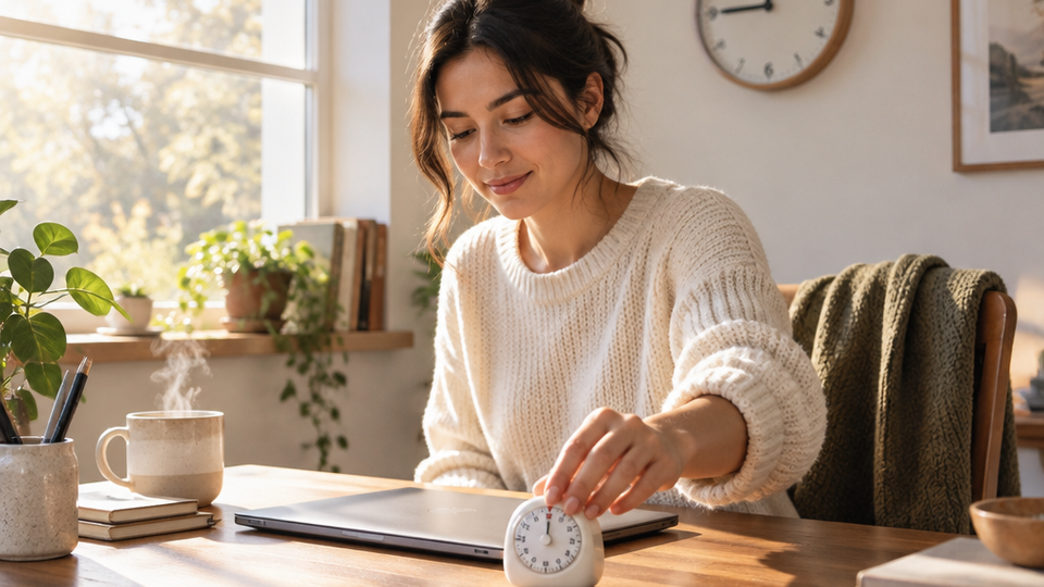 In warm morning light, a person places a small mechanical timer beside a closed laptop while an analog wall clock behind reads nine o'clock.