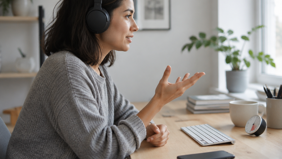 Wearing over ear headphones, a person speaks calmly during a call at a desk, laptop out of frame, a small analog timer and a face down phone beside the keyboard.