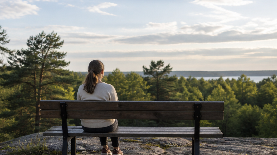 A person sitting on a bench in a green park, looking at trees and sky, away from any screen