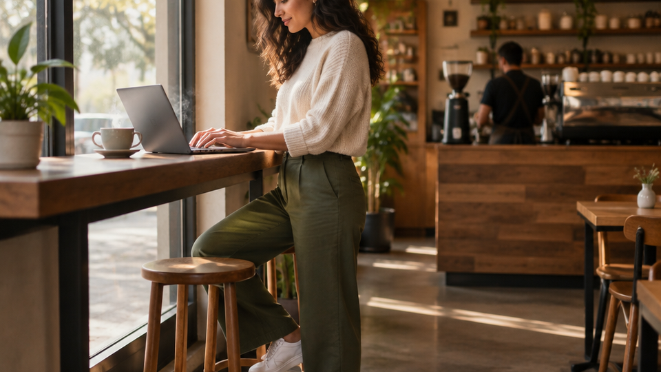 A woman stands at a tall cafe bar table working at a laptop with one foot propped on a wooden stool, steam rising from a coffee cup beside the machine.