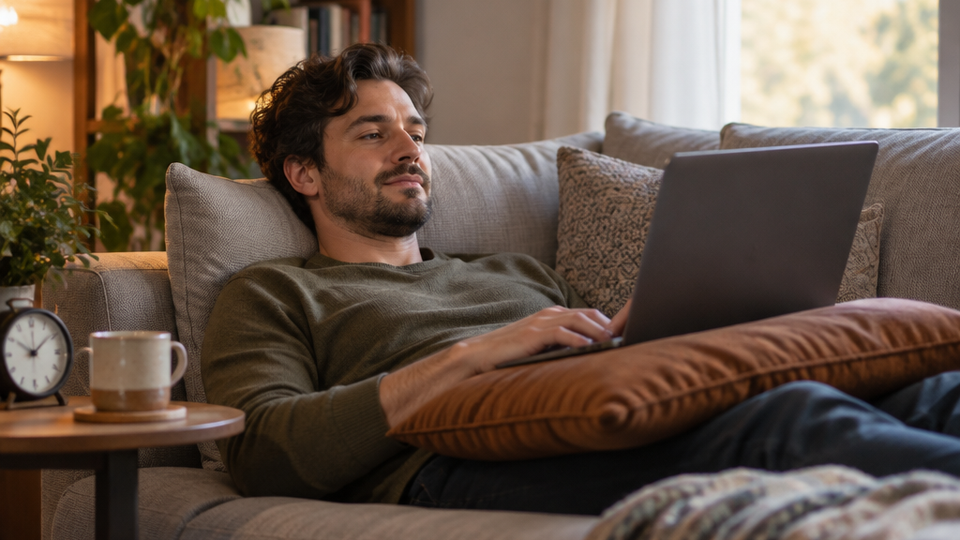 A man reclines on a sofa with a firm cushion on his lap supporting an open laptop, head resting against the backrest, a small clock on the side table.