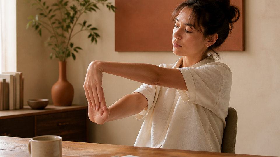 Close up of a person extending one arm forward and gently pressing the hand down to stretch the wrist and forearm at a desk
