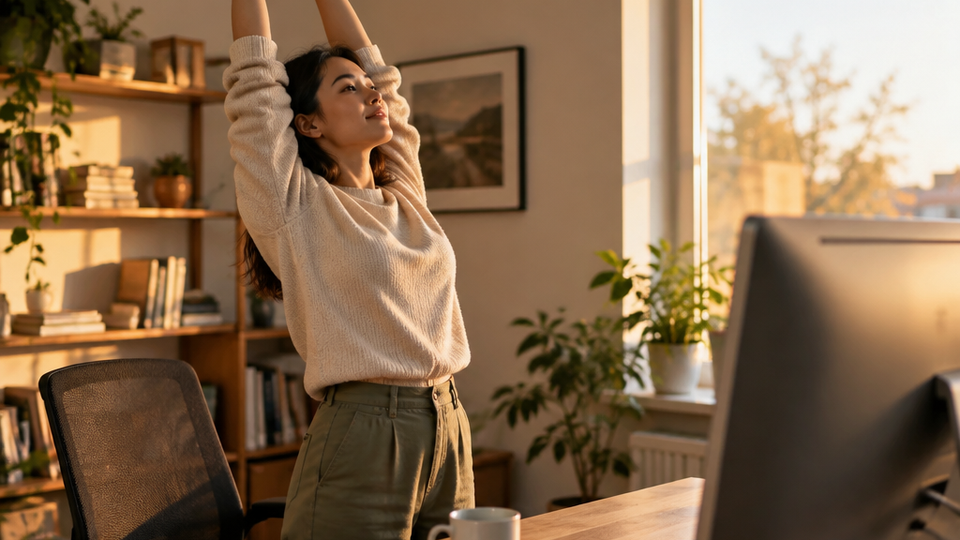 Person standing at their desk mid-stretch with arms raised, the monitor turned away and out of focus, warm afternoon light in a home office.