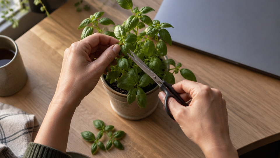 Close view of hands trimming a small potted green herb with scissors on a wooden desk beside a closed laptop, cut leaves resting nearby.