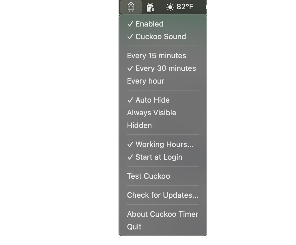 CuckooTimer menu bar controls showing settings and options